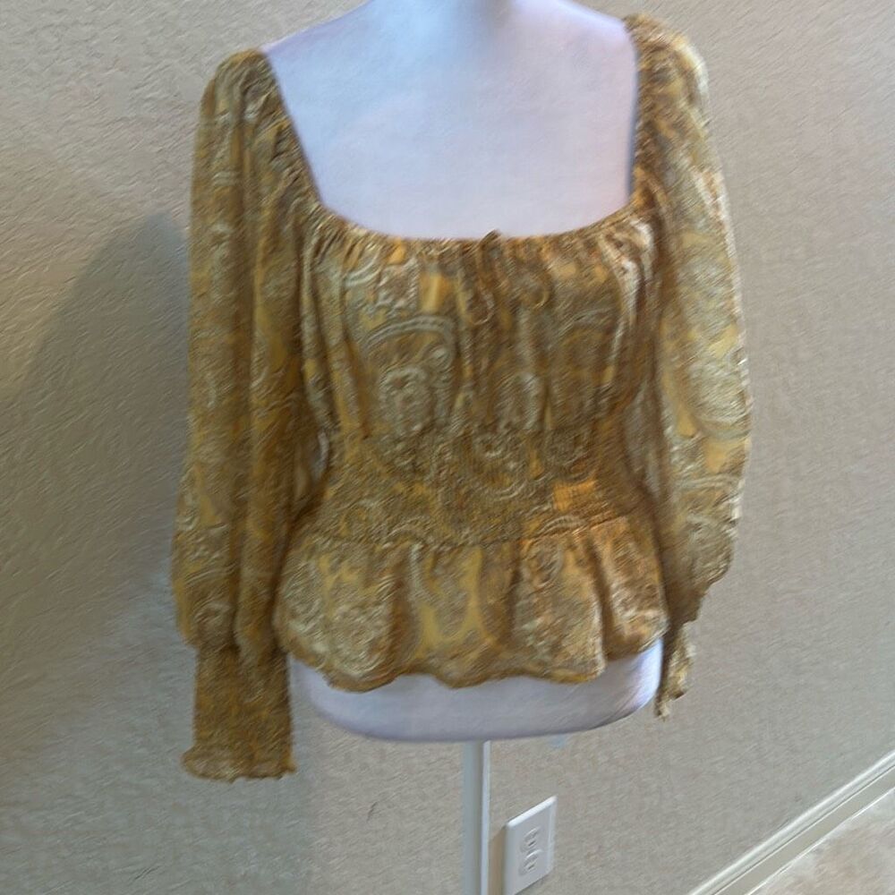 NSR Size S Long Sleeve Peasant Top Yellow Paisley Boho Milkmaid Prairie NWT